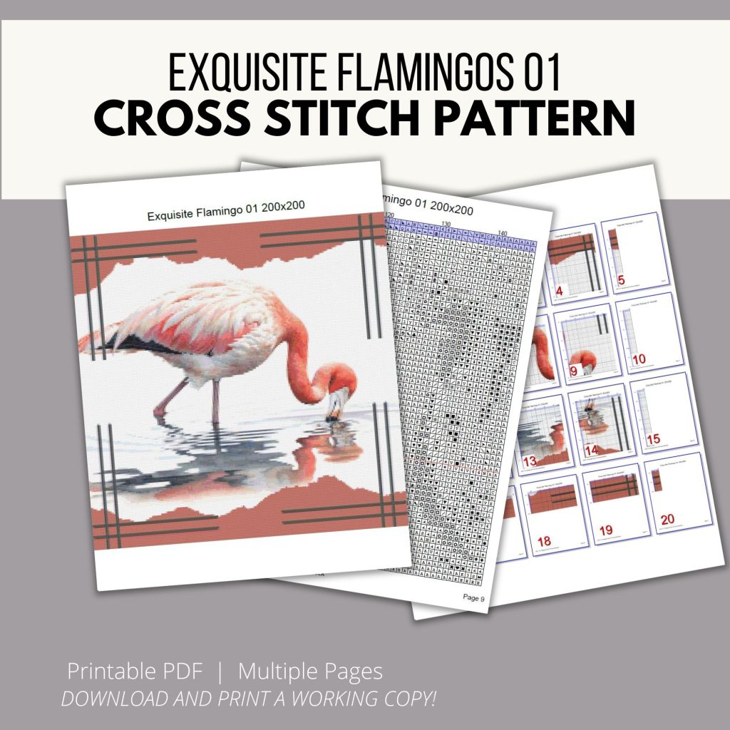 Exquisite flamingo 01 cross stitch PDF pattern comes with color cover page, large print pattern, and a chart map to see how it all fits together.