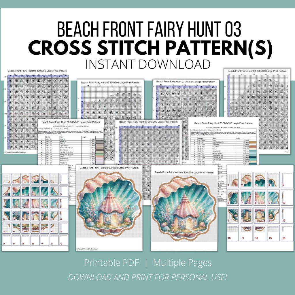 Free beach and fairy themed cross stitch pattern printable PDF with multiple pages.  