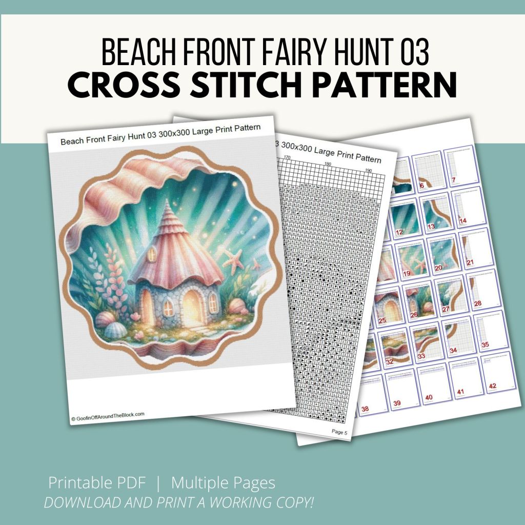 Free beach and fairy themed cross stitch pattern 03 with large print pattern downloadable PDF and a chart map and compatible with Pattern Keeper app